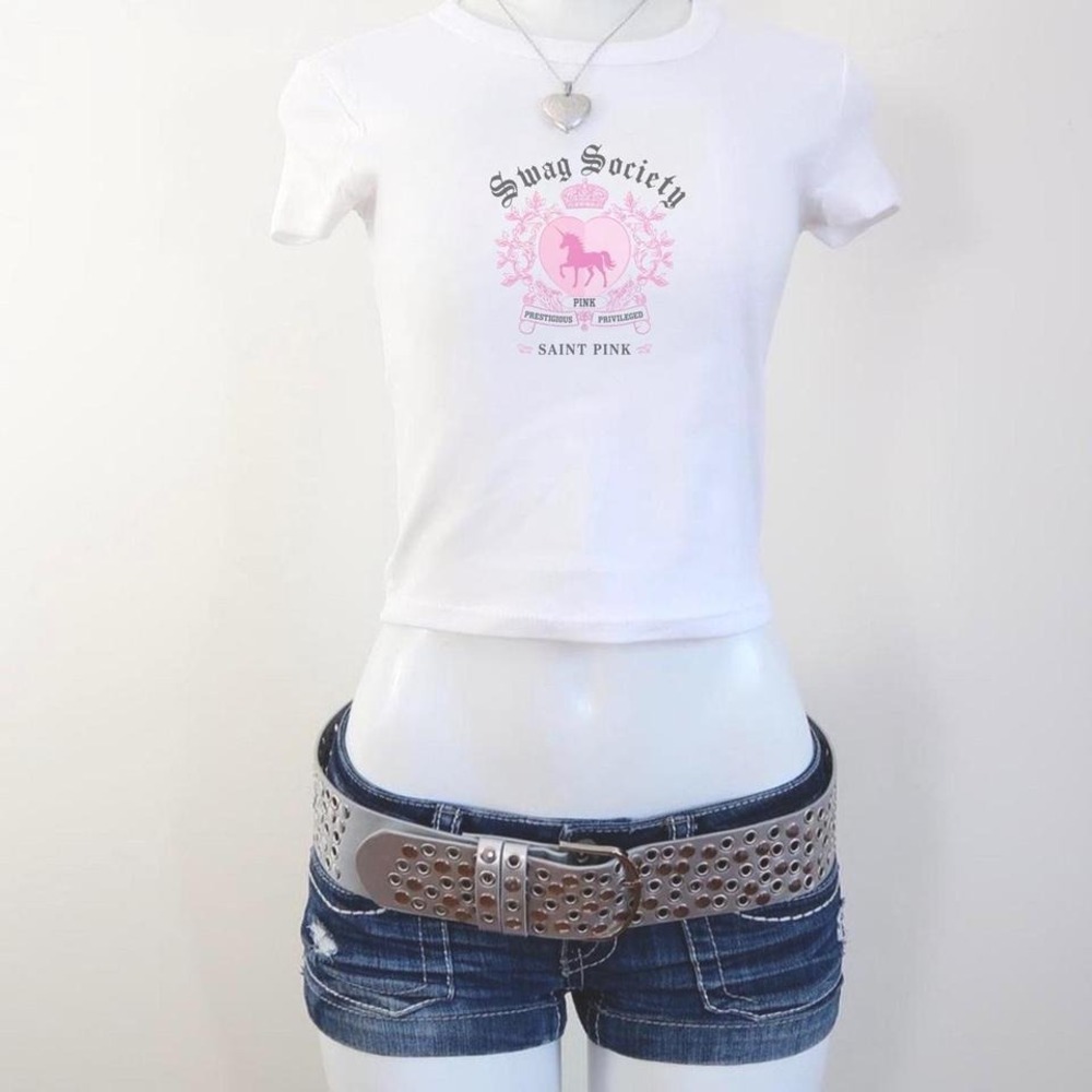 swag society graphic baby tee y2k mcbling saint pink